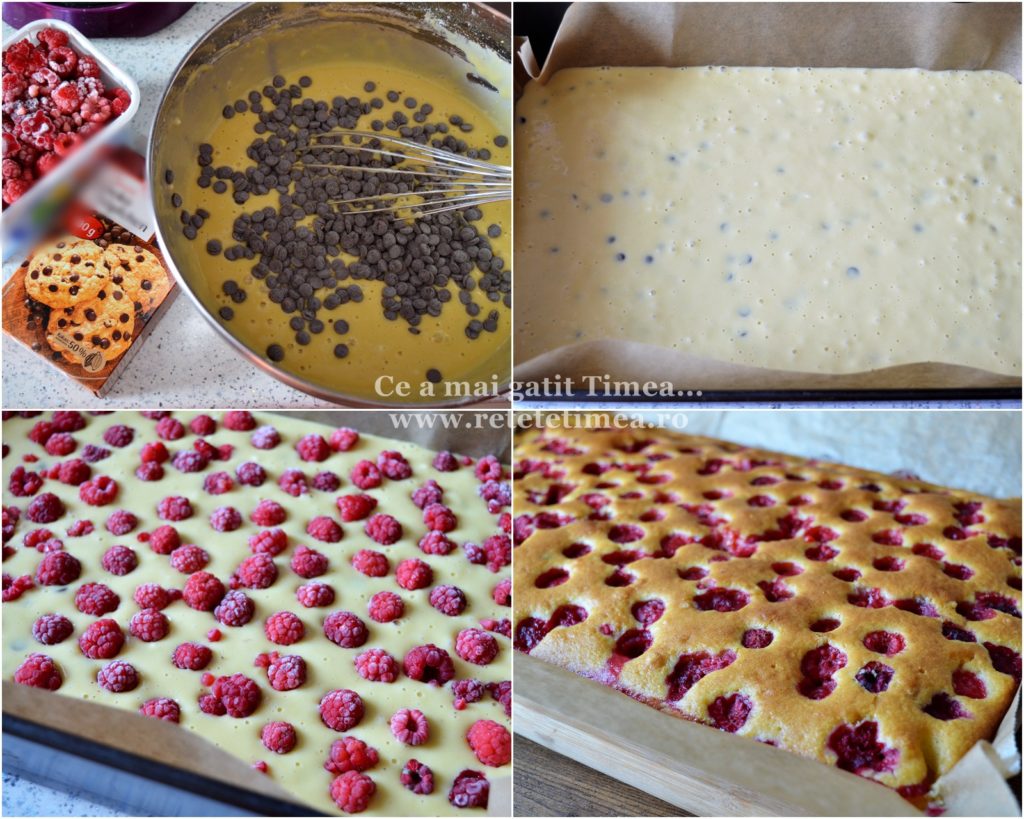 mod de preparare prajitura cu zmeura si bobite de ciocolata